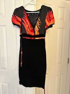 bebe Black Mini Dress with Red and Orange Tropical Print